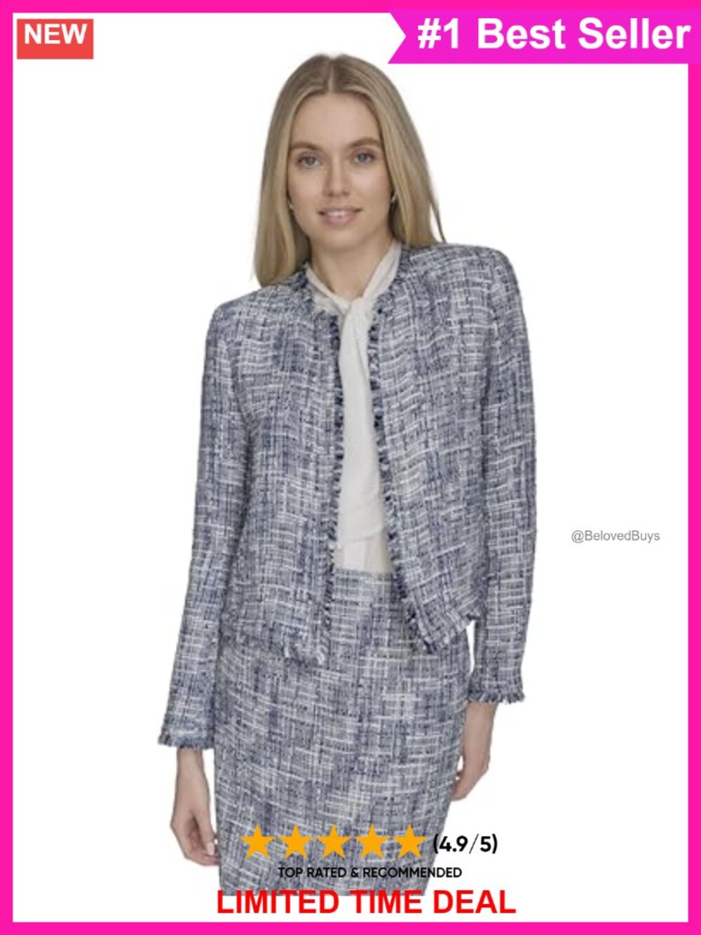 Open Front Tweed Blazer Long Sleeve Notch Collar Regular Fit